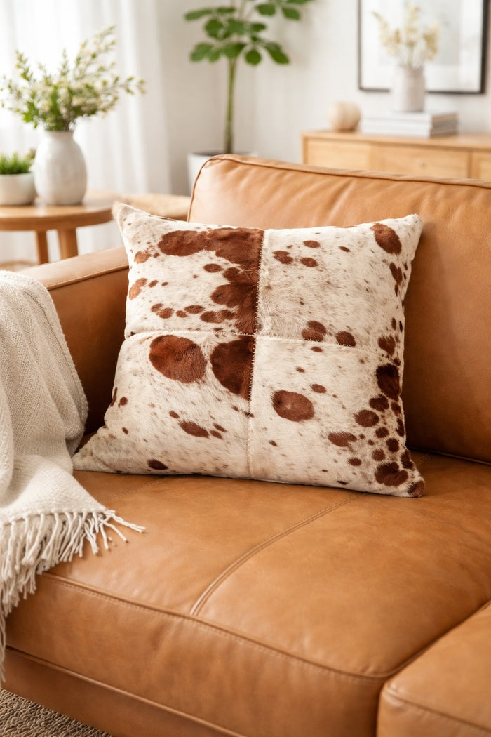 Handmade brown & white cowhide leather cushion cover 40x40 for farmhouse and glam interiors