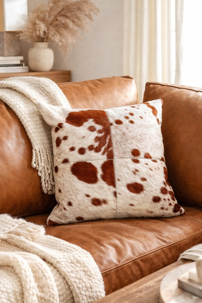 Premium brown white cowhide throw pillow cover in 40x40 size for modern rustic home styling