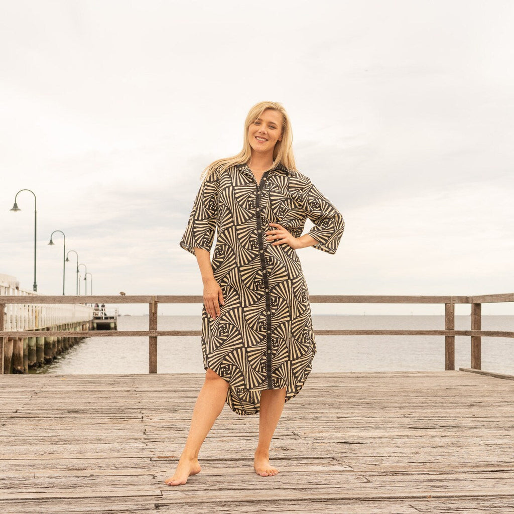 Black Dazzle Women's Cotton Long Shirt Dress - One Size