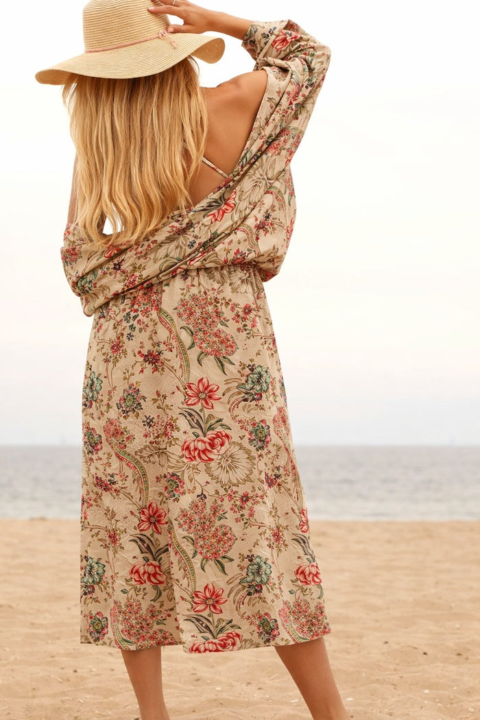 Women's beige floral 100% cotton kimono, relaxed fit bohemian layering piece