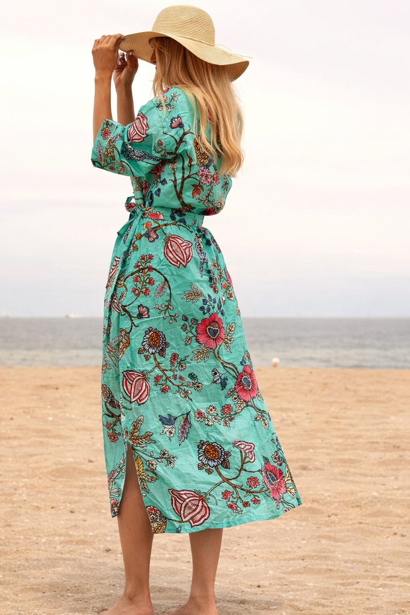 Frida's Vibrance 100% cotton kimono with colourful artistic print, lightweight boho cover-up