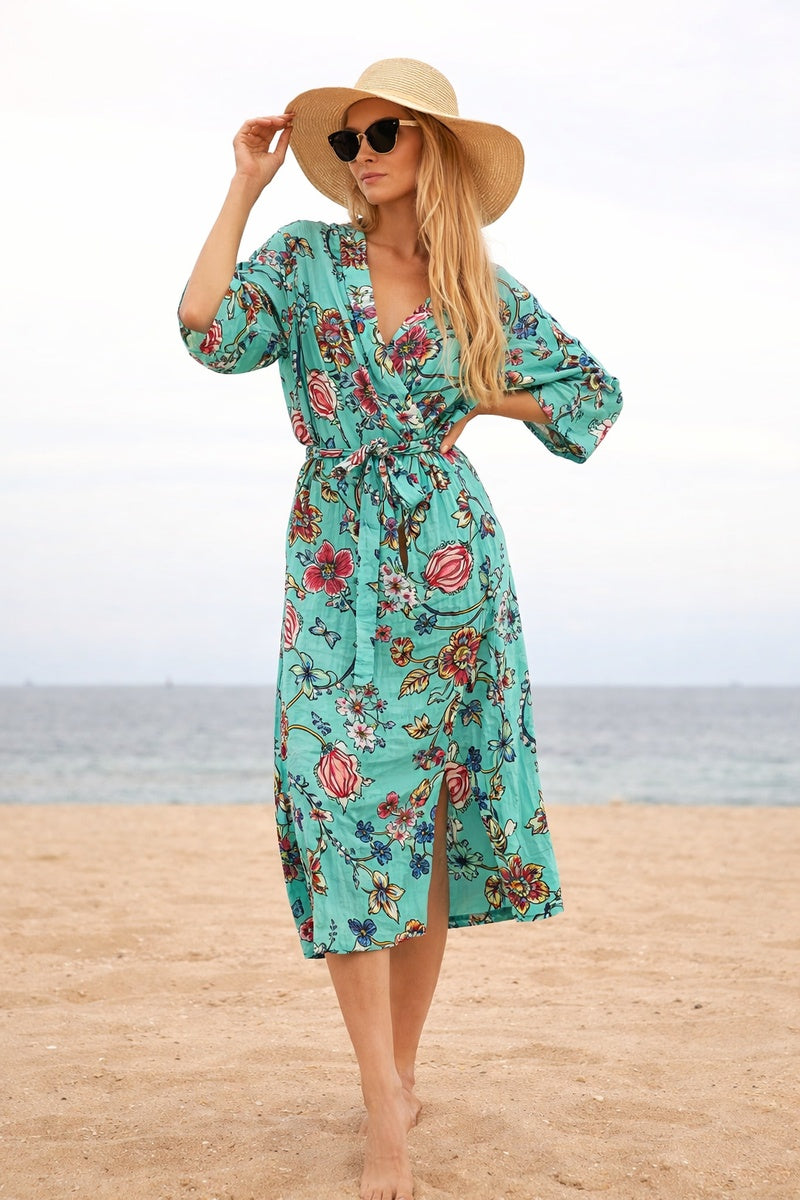 Women's 100% cotton kimono in vibrant Frida-inspired design, relaxed fit summer layering piece