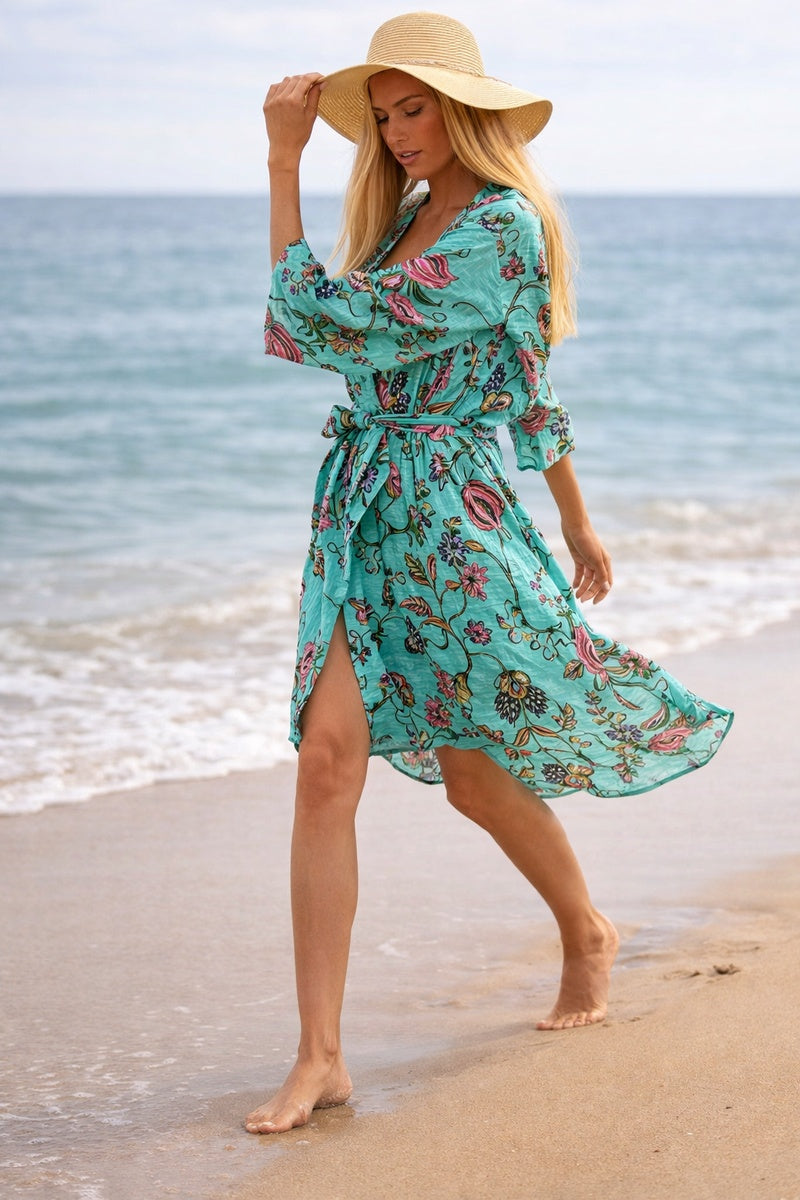 Colourful Frida's Vibrance cotton kimono, breathable bohemian festival and resort wear