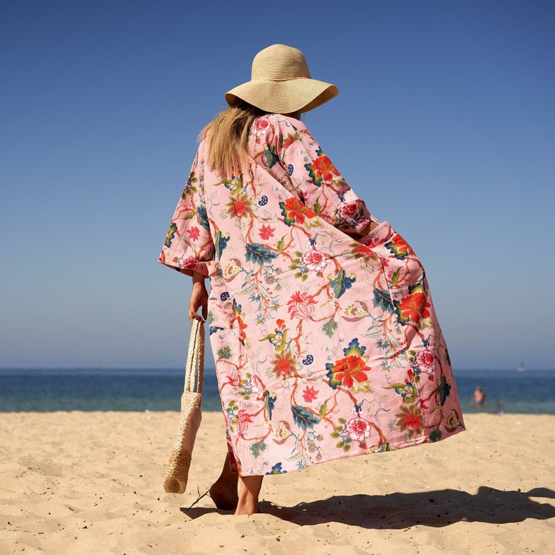 'Seaside Vibes' 100% Waffle Cotton Kimono Robe