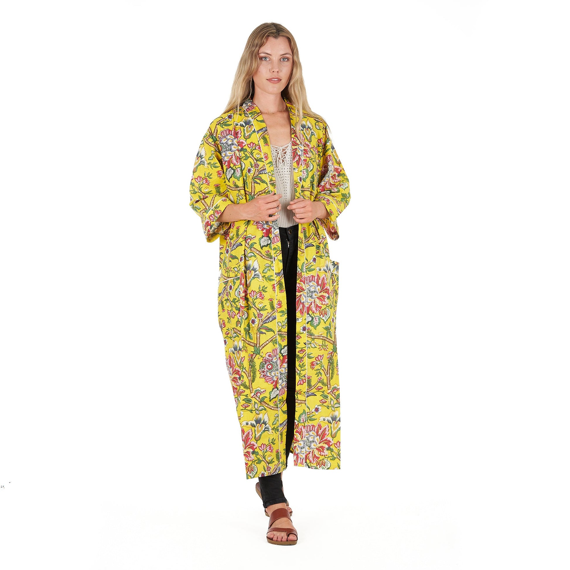 'Lemon Floral Hues' 100% Cotton Kimono Robe