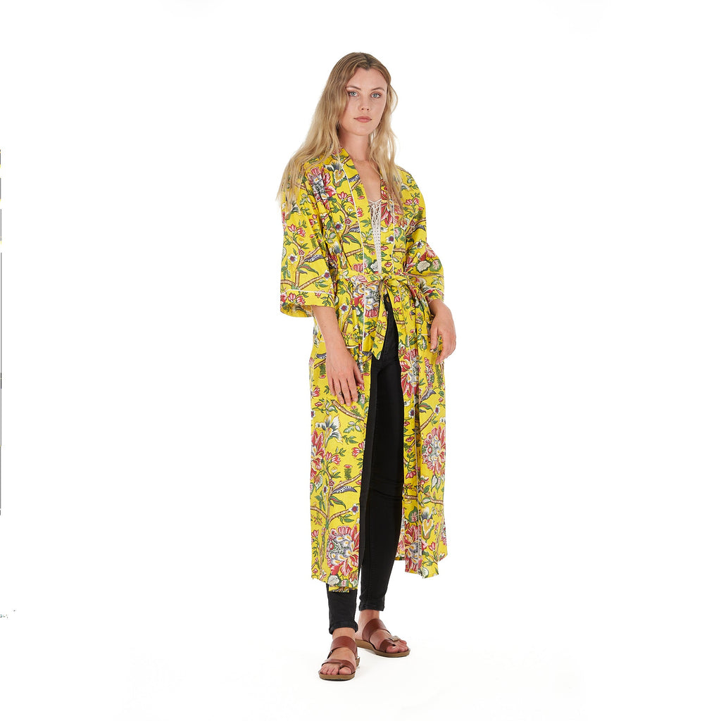 'Lemon Floral Hues' 100% Cotton Kimono Robe