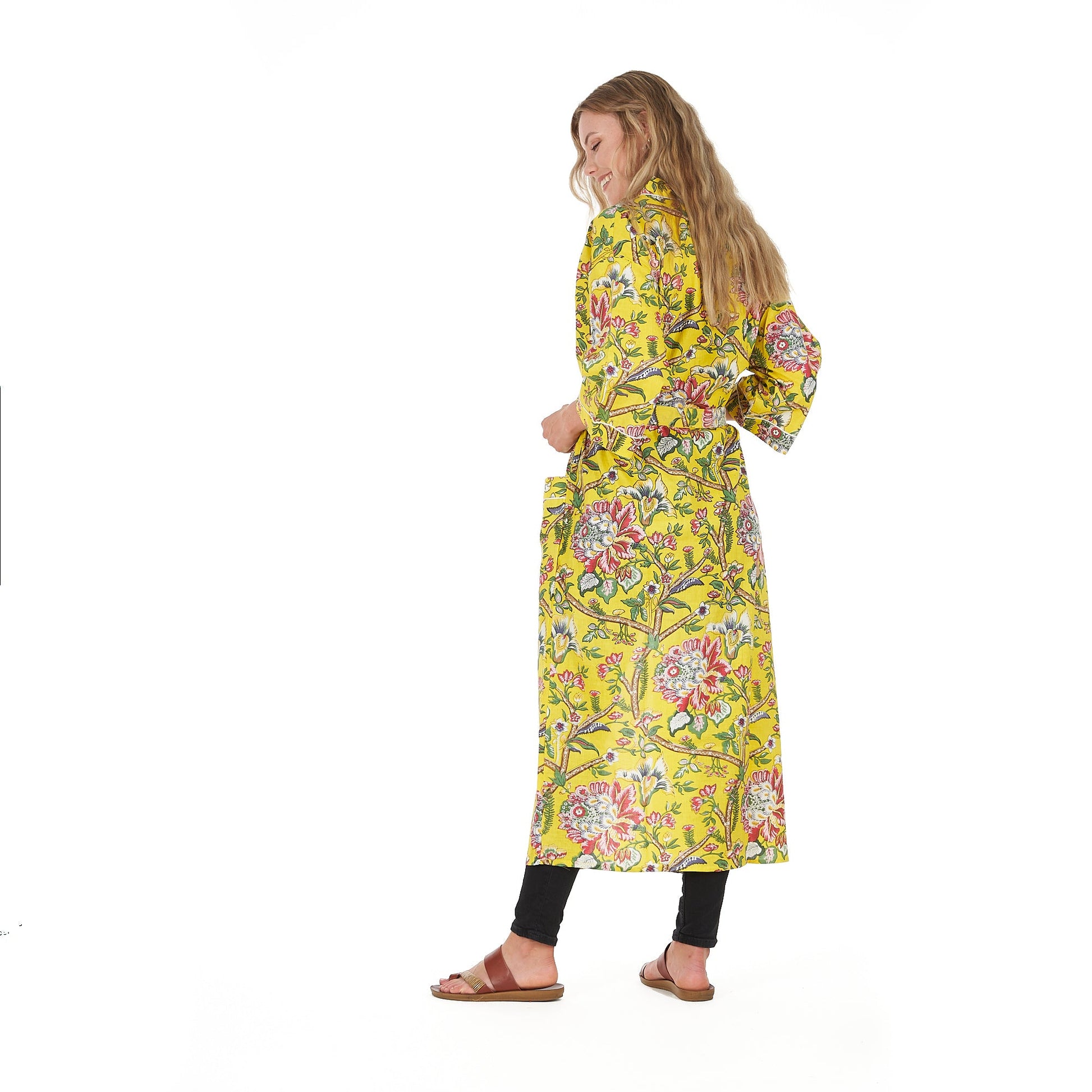 'Lemon Floral Hues' 100% Cotton Kimono Robe