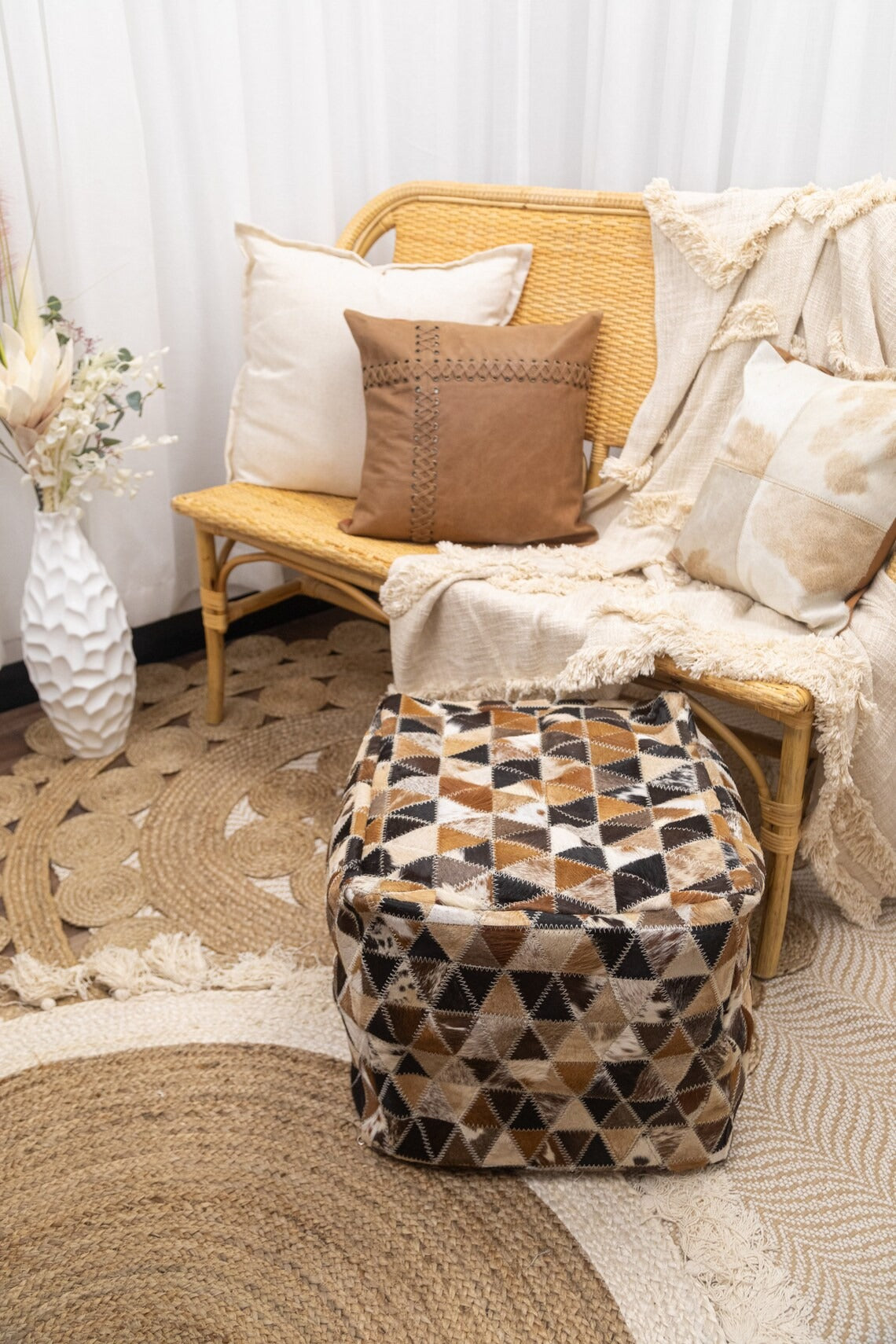 Genuine Leather Cowhide Ottoman - Ava