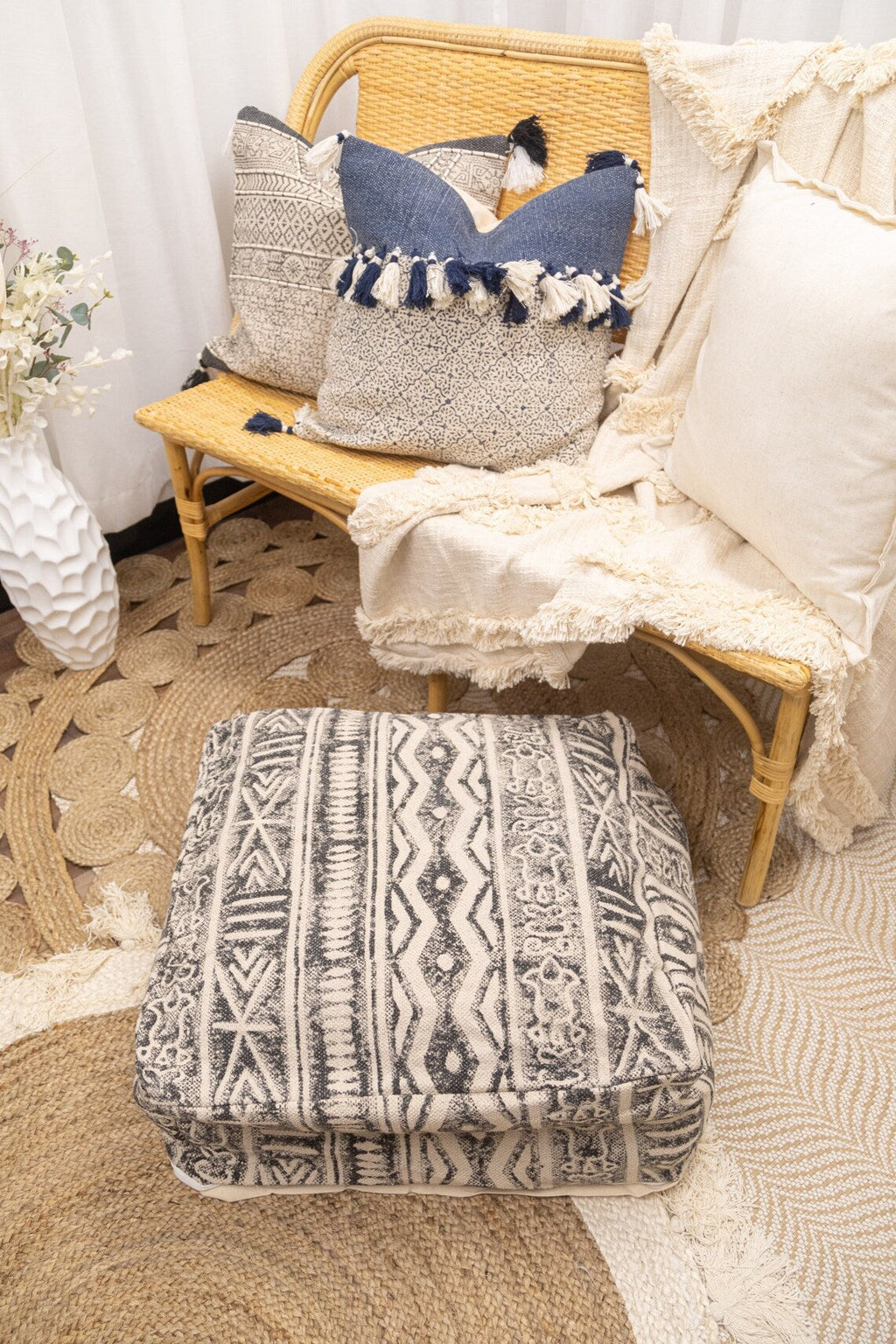 Boho Minimalist Black & Natural Cotton Kilim Ottoman Cover