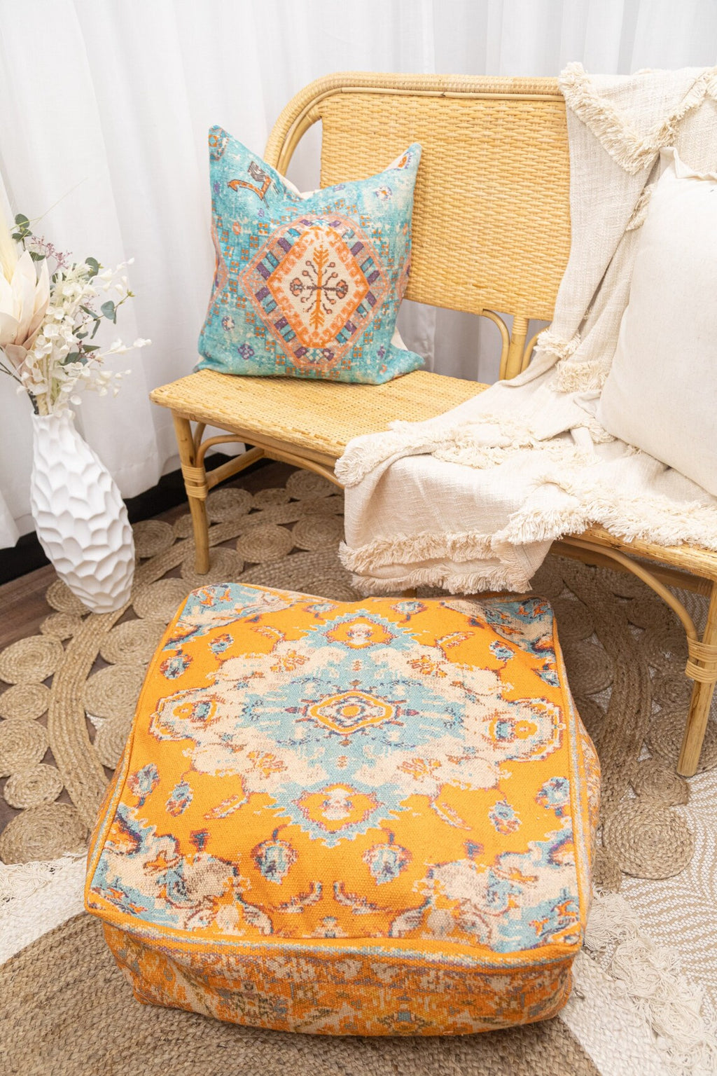 Handcrafted orange Moroccan cushion cover with boho Kilim design