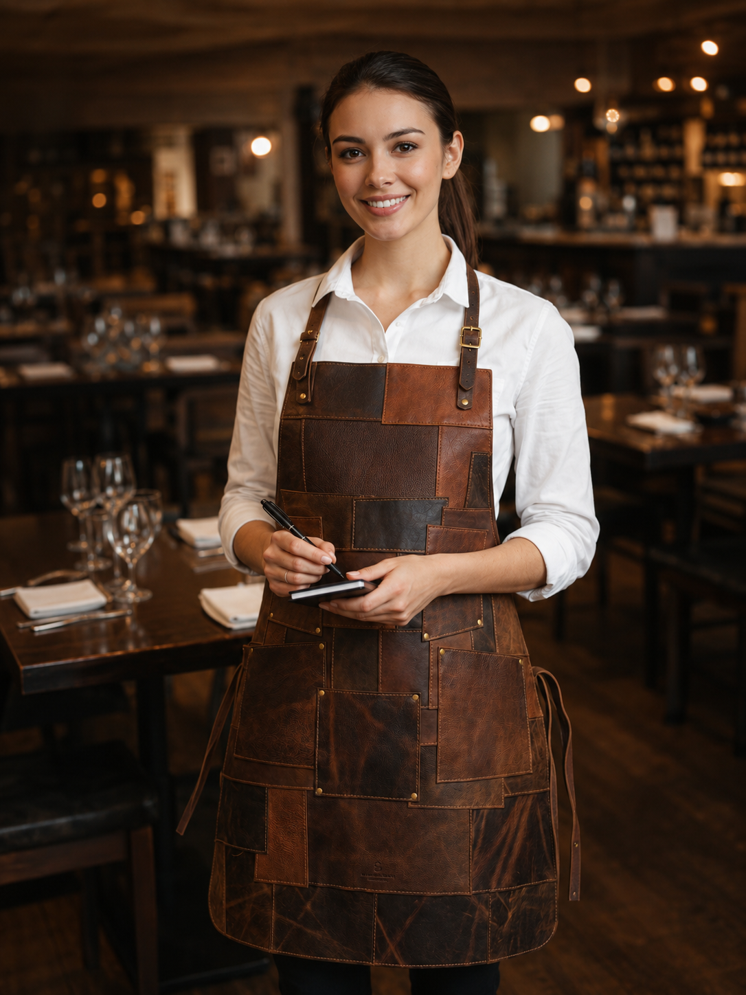 Handmade full-grain leather patchwork apron for chefs, baristas, and BBQ cooking