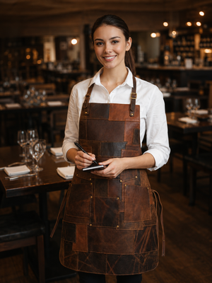 Handmade full-grain leather patchwork apron for chefs, baristas, and BBQ cooking