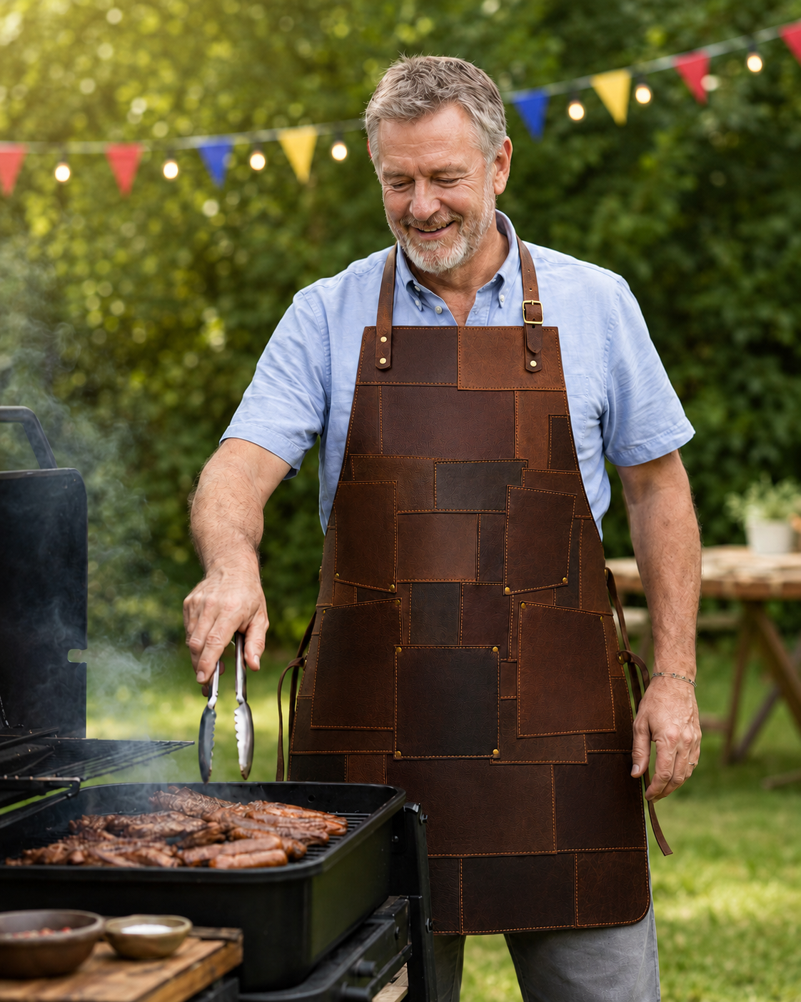 Durable full-grain leather BBQ apron for cooking, grilling, and café use