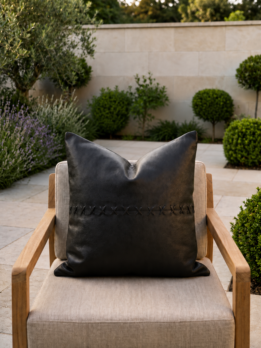 Luxury Tan Leather Pillow Cover with Black Crosses for Sofa and Living Room Decor
