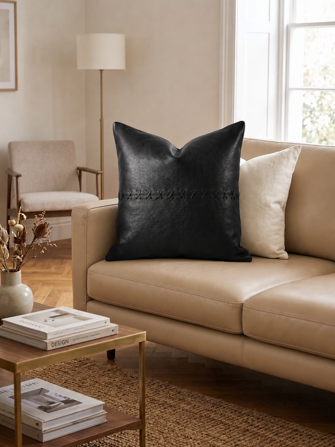 Handcrafted Leather Cushion Cover in Tan Color with Stylish Black Cross Detail
