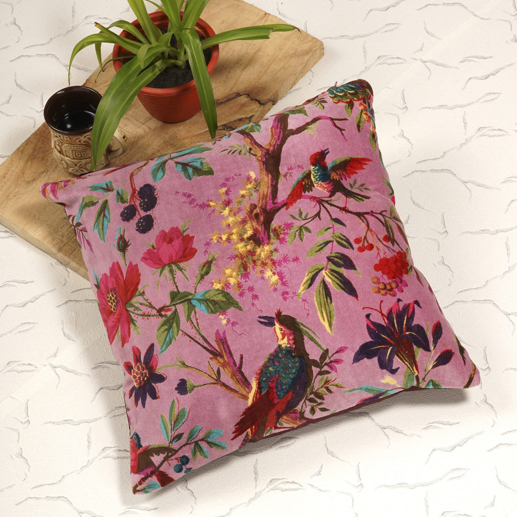 100% Cotton Velvet Cushion Cover - Coral Bird
