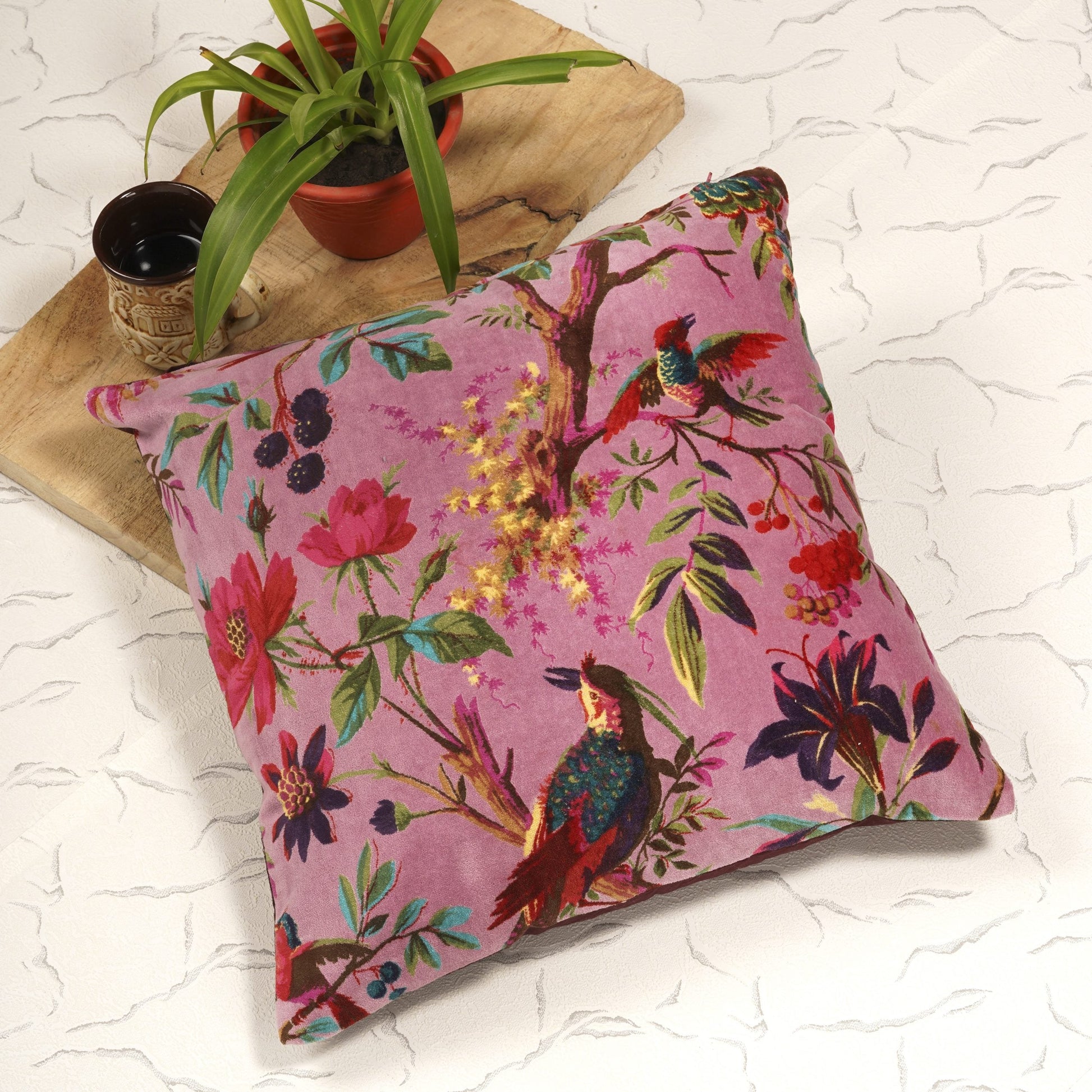 100% Cotton Velvet Cushion Cover - Coral Bird
