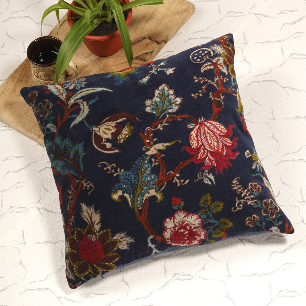 100% Cotton Velvet Cushion Cover - Blue Secret Garden