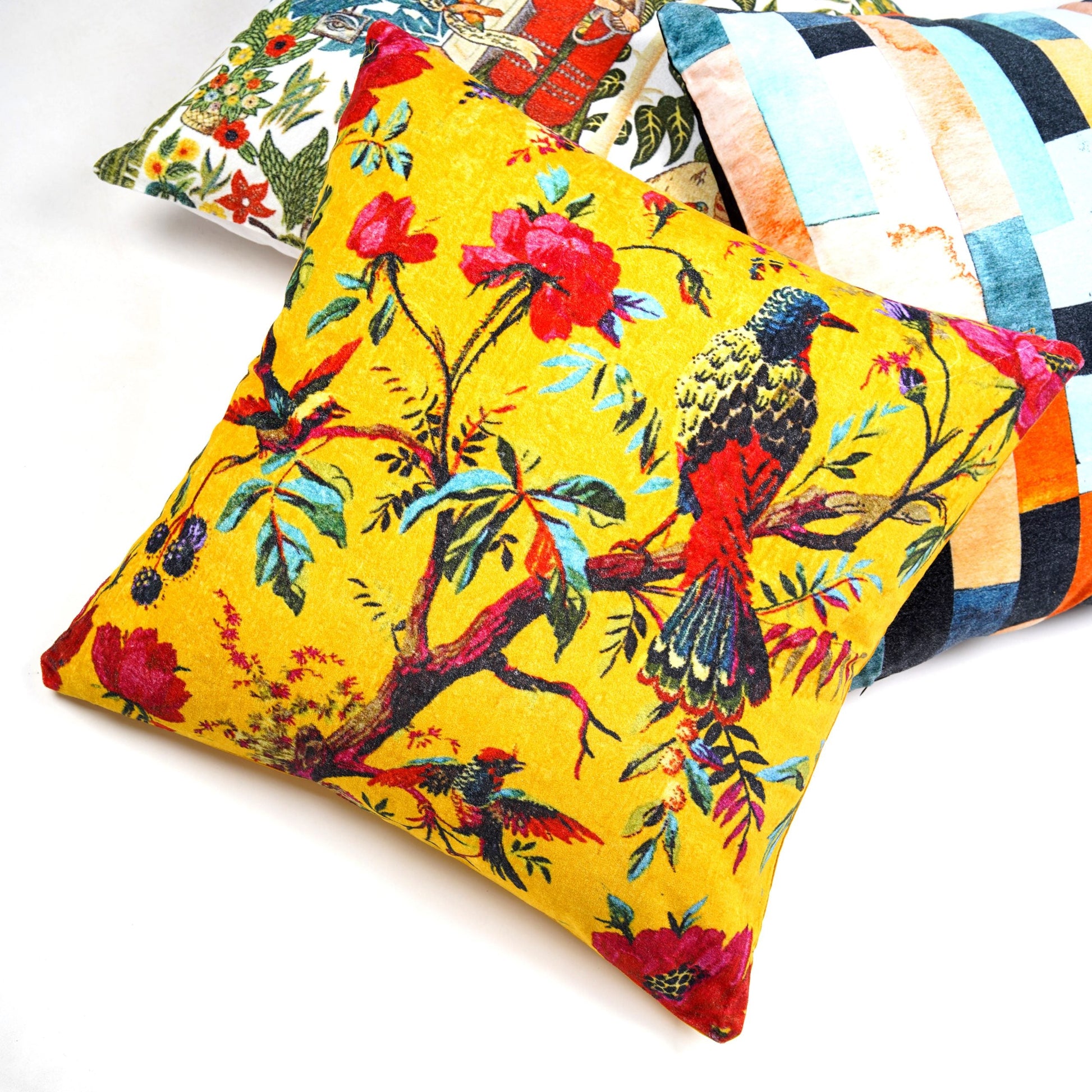 100% Cotton Velvet Cushion Cover - Bright Bird
