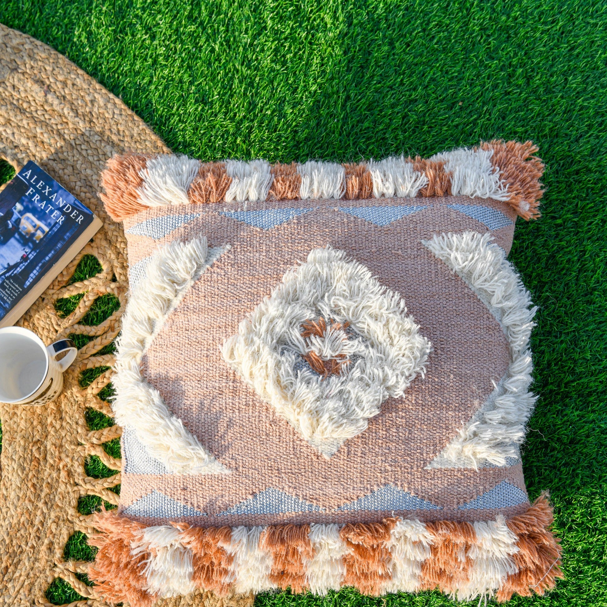 'Boho Oasis' Hand-Woven Cotton Wool Cushion Cover