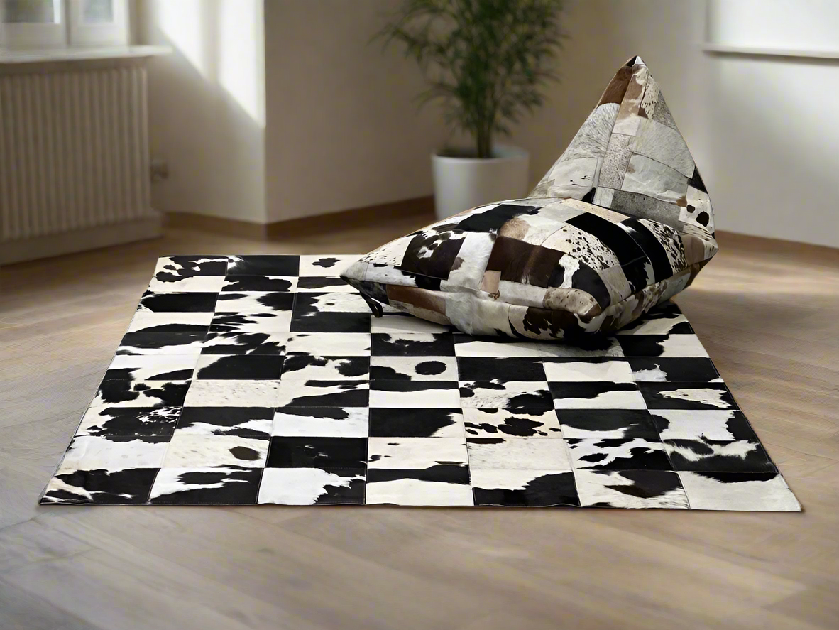Artisan Cowhide Bean Bag Cover – Triangular Patchwork Lounger in Natural Tones