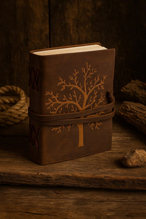 Handcrafted brown leather journal with embossed Tree of Life design