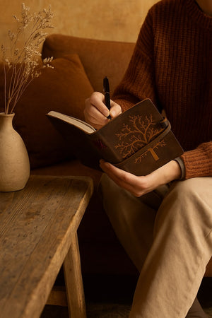 Rustic handmade leather notebook featuring detailed Tree of Life cover design