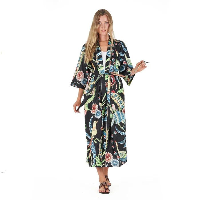 Woman Wearing Frida Cotton Kimono Bathrobe as a Beach Cover Up
