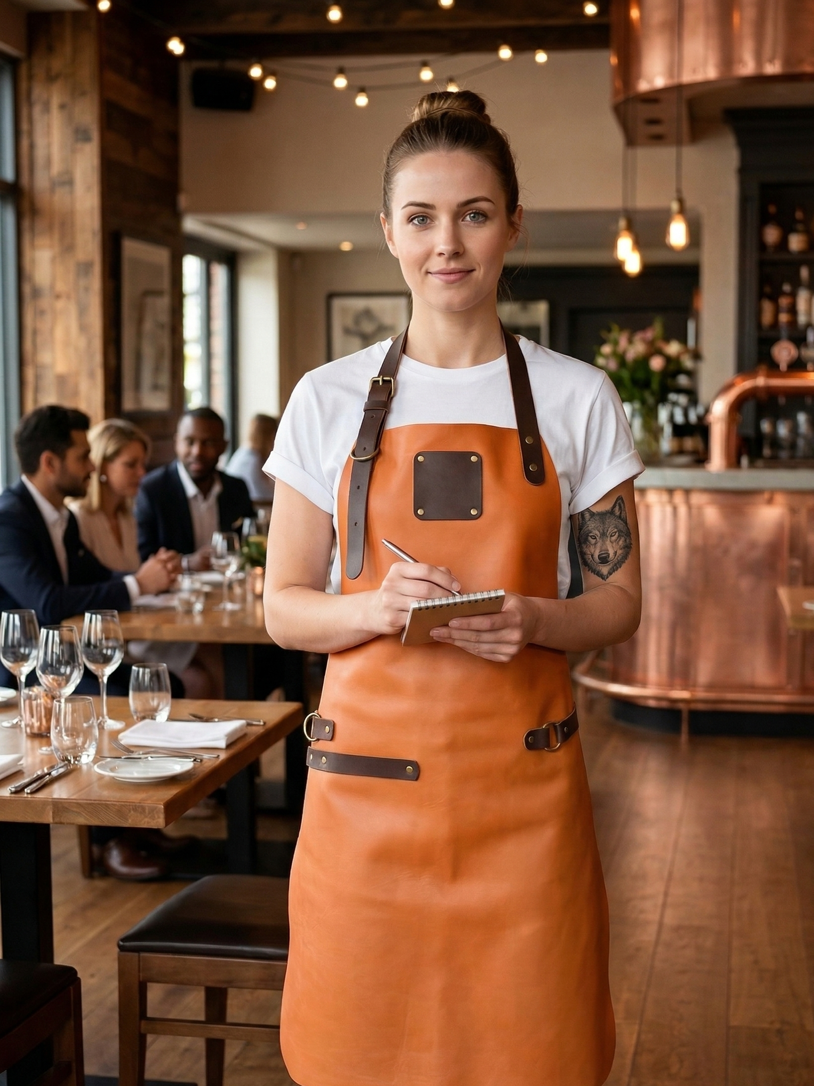 Premium cognac leather apron full length for artisans and chefs