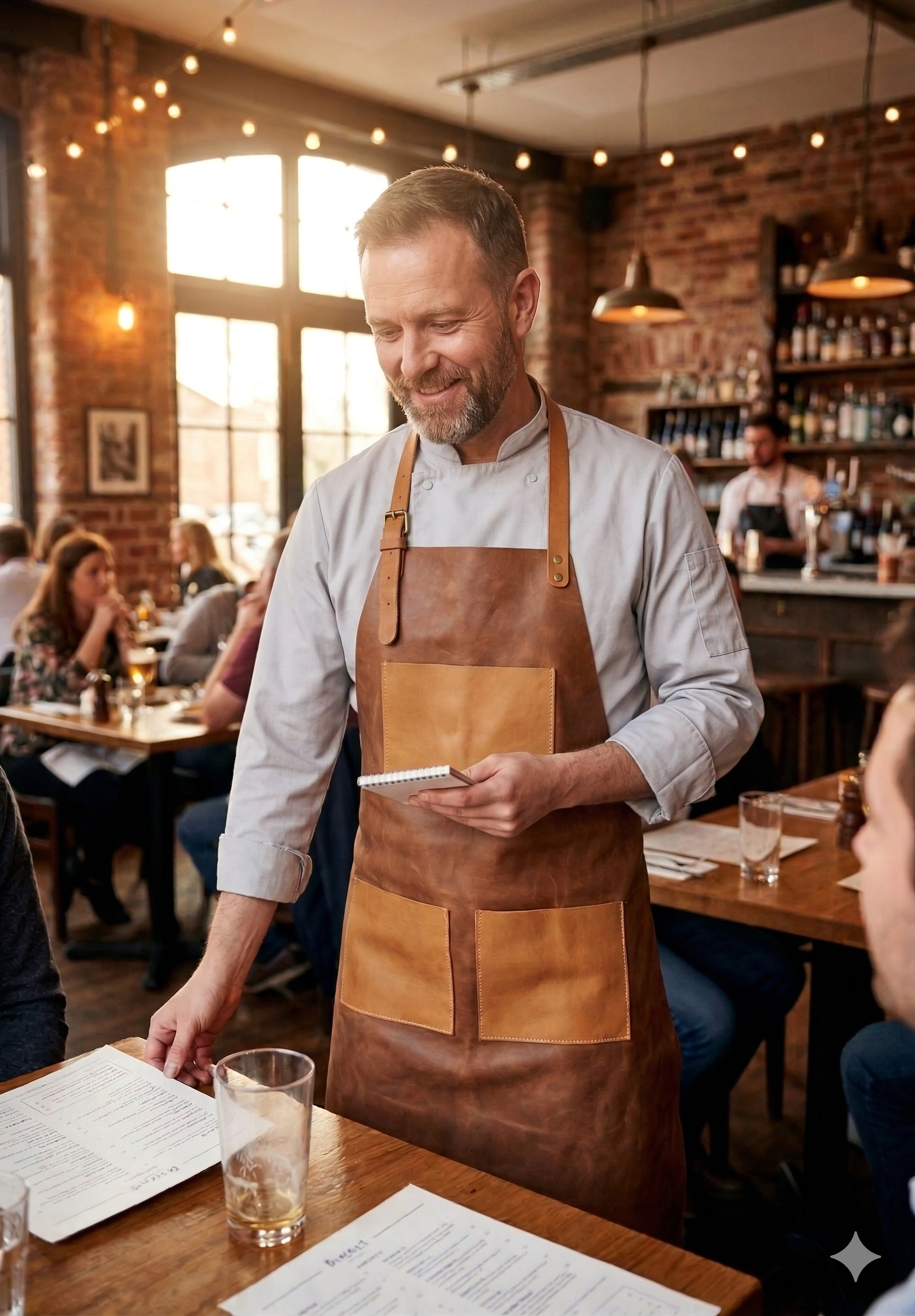 Tan leather work apron compact size with pockets for tools and accessories