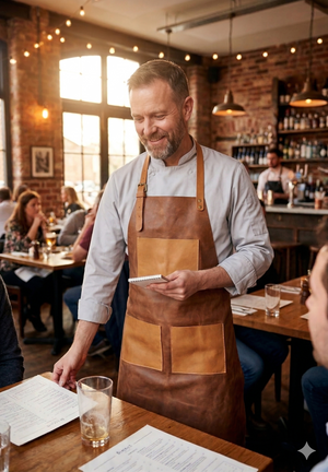 Tan leather work apron compact size with pockets for tools and accessories