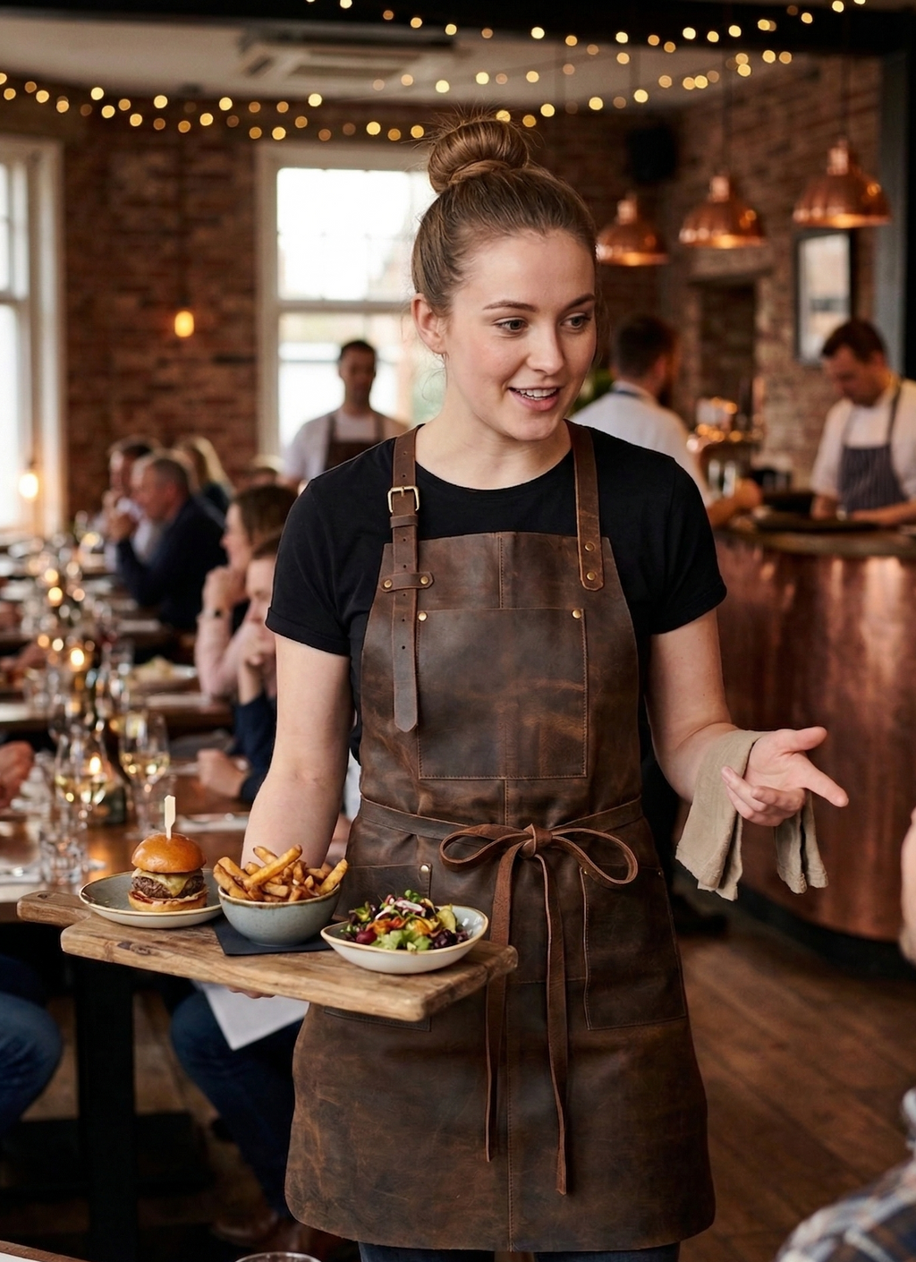 Heavy duty brown leather apron with multiple pockets for tools and accessories