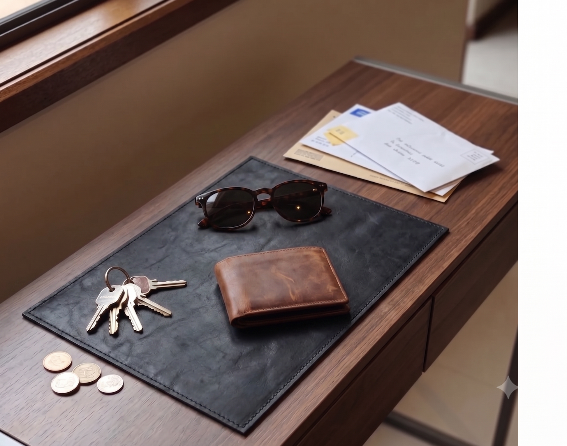 Stylish black leather table placemat and desk protector for modern workspace