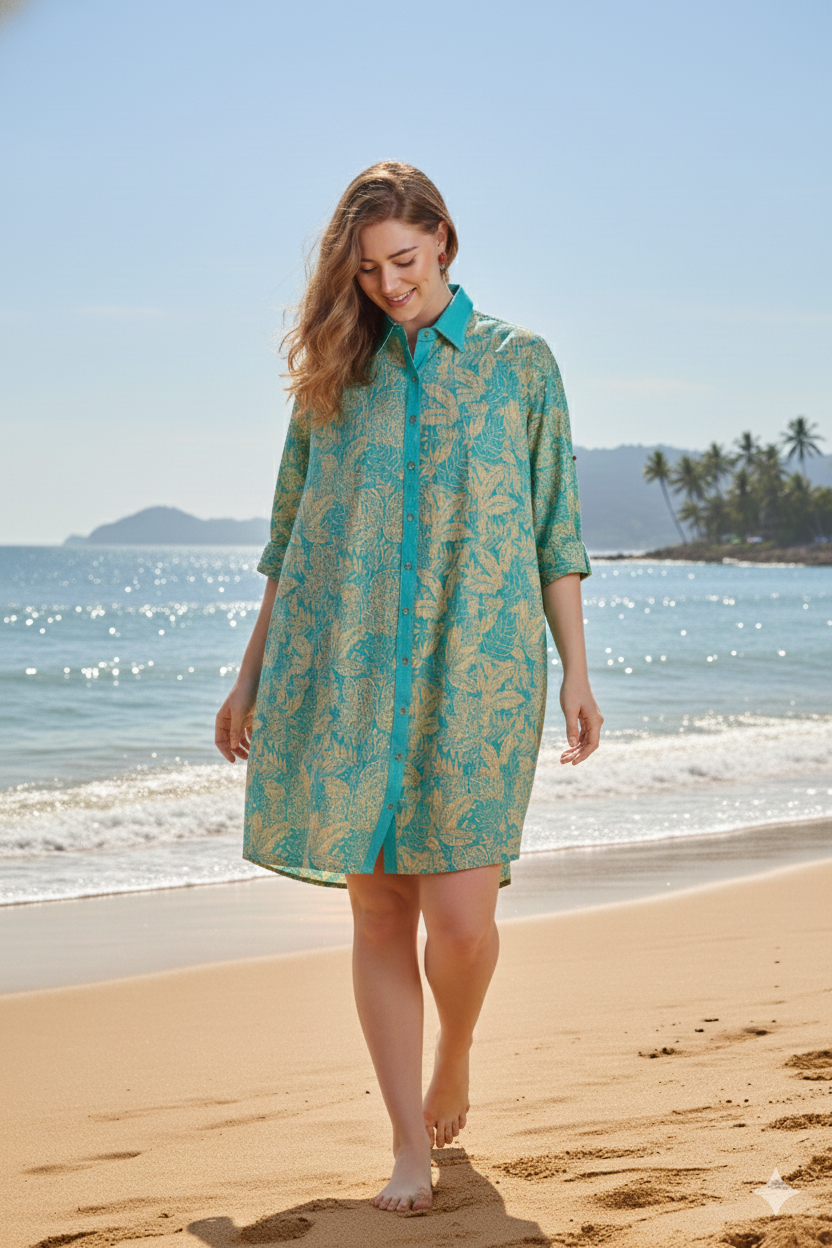 Hand block printed cotton shirt dress for women in aqua tones