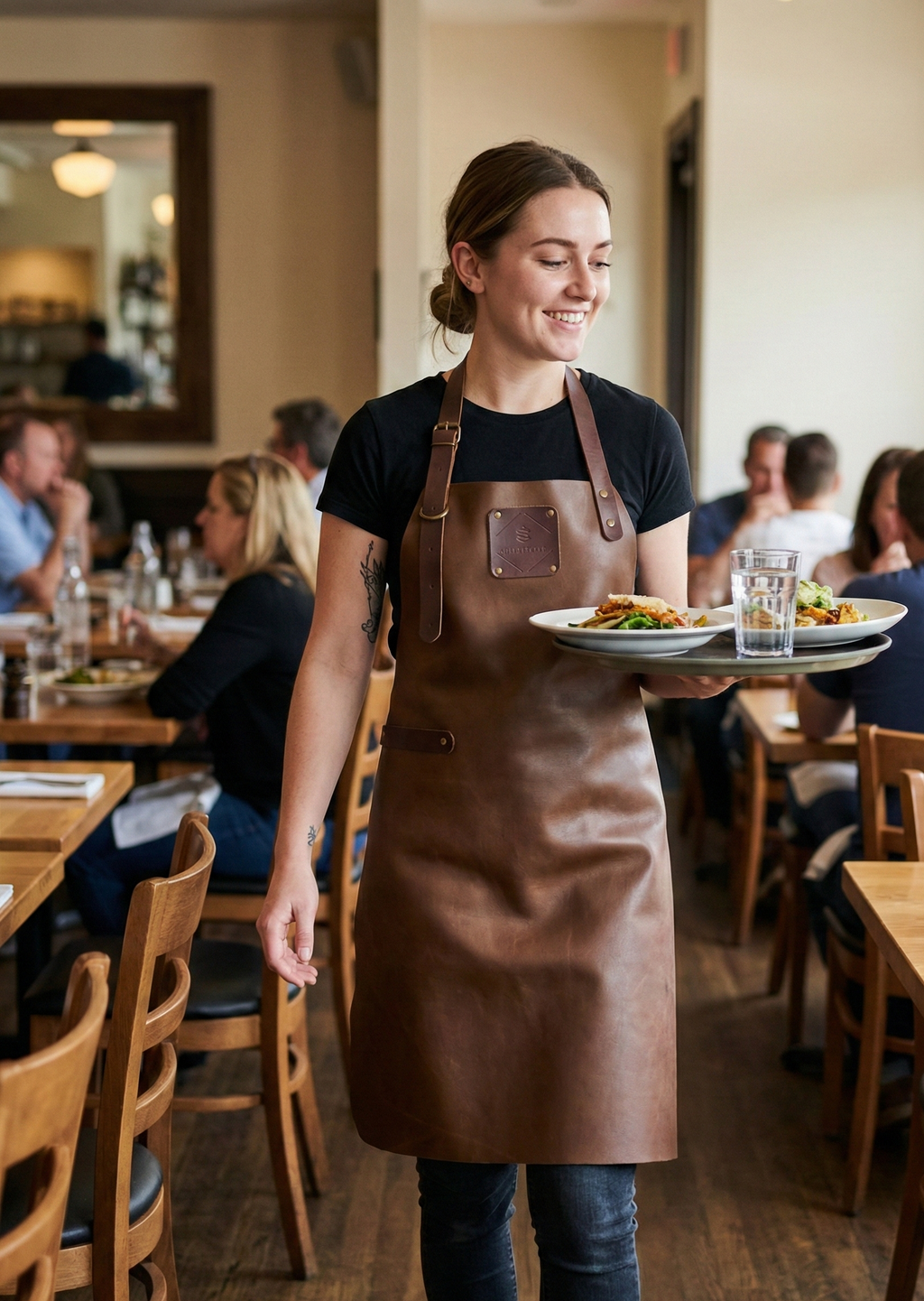 Premium full-length brown leather apron adjustable straps durable work apron