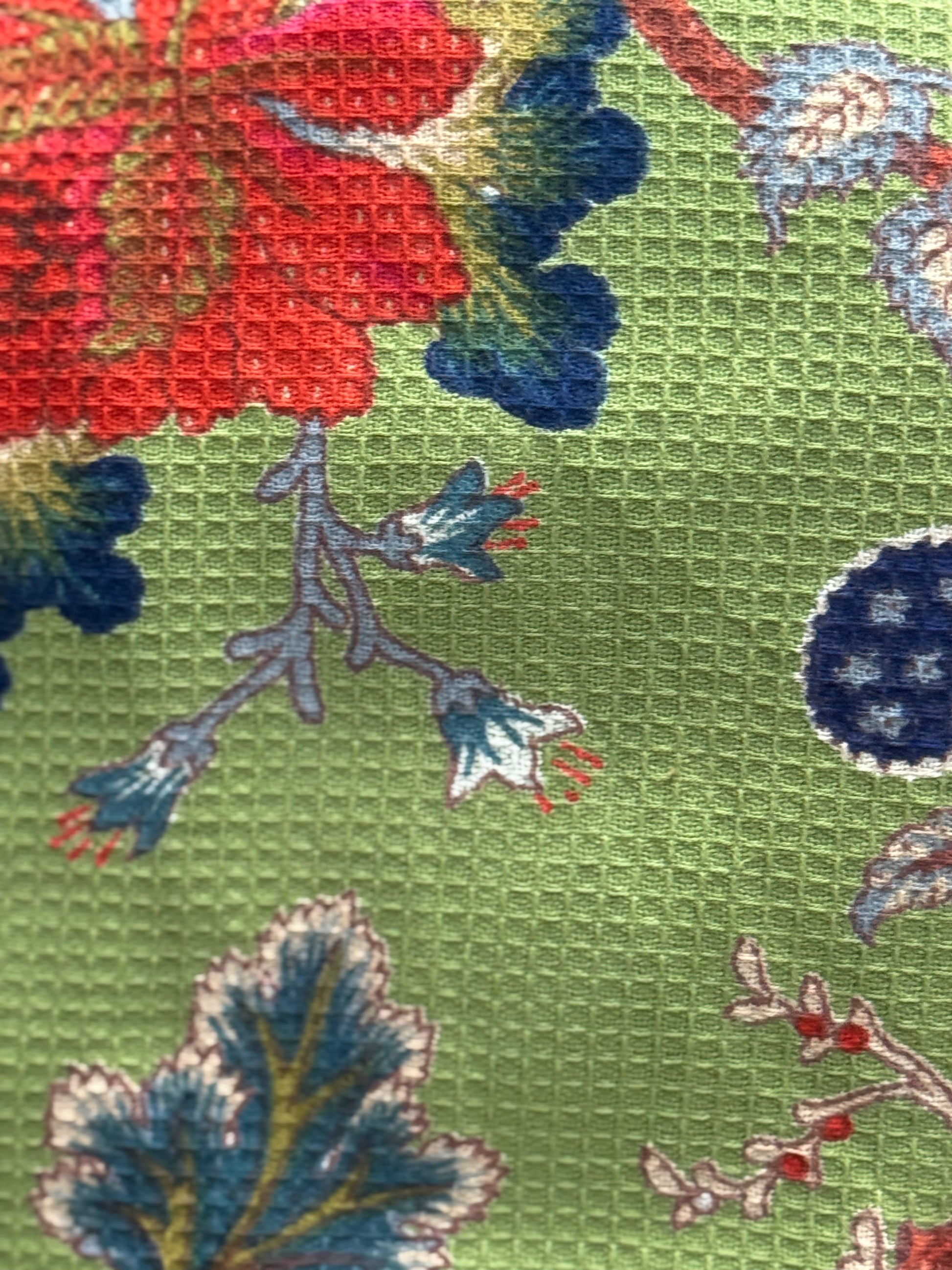 Green Floral Cotton Kimono Robe | Waffle Weave Loungewear & Travel Cover-Up