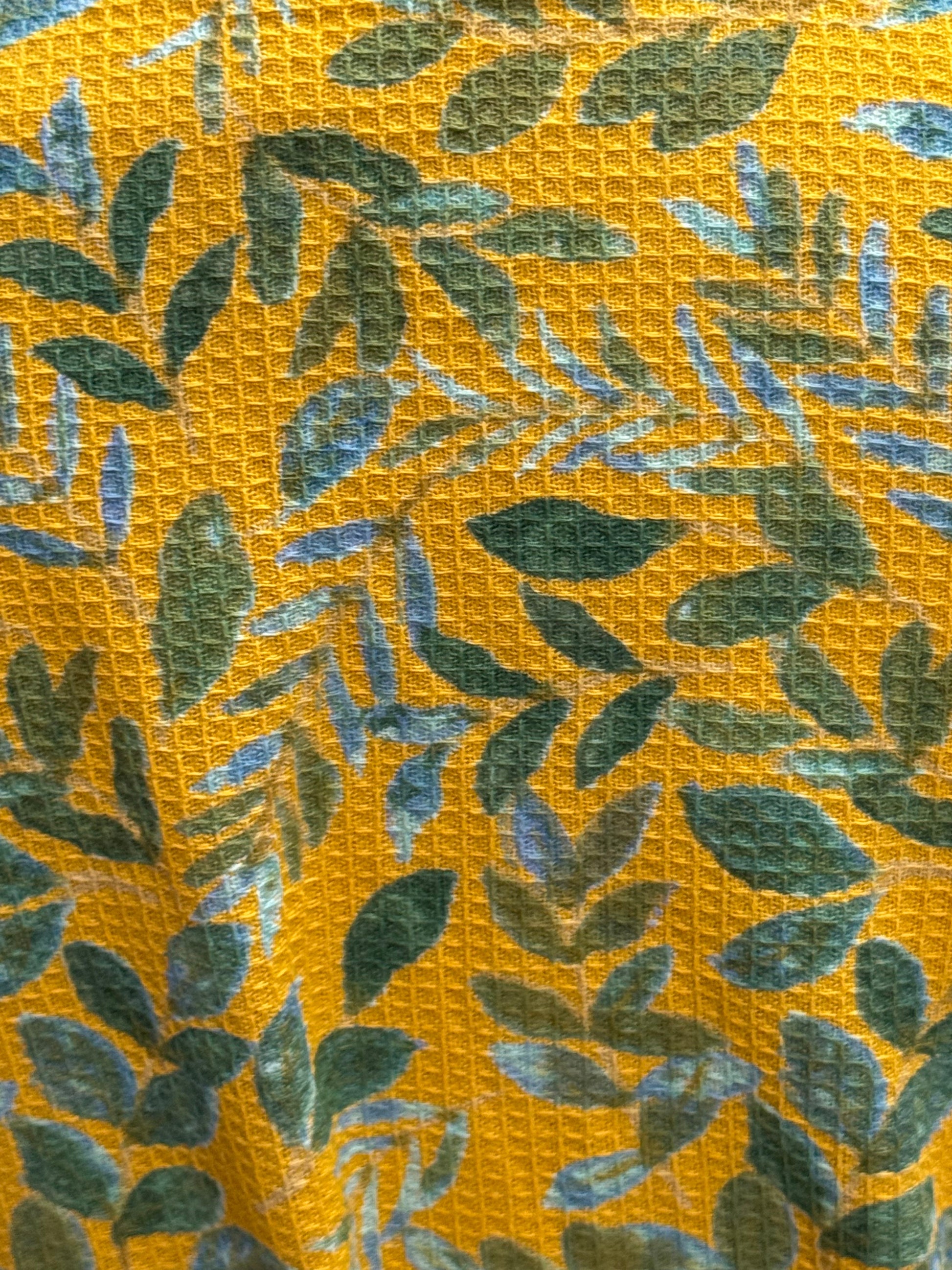 Botanical Yellow Leaf Kimono Robe | Waffle Cotton Loungewear & Resort Wear