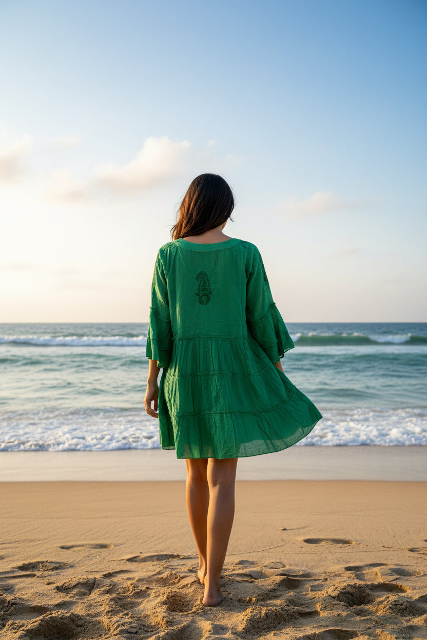 Emerald green tiered cotton poplin mini dress for summer wear