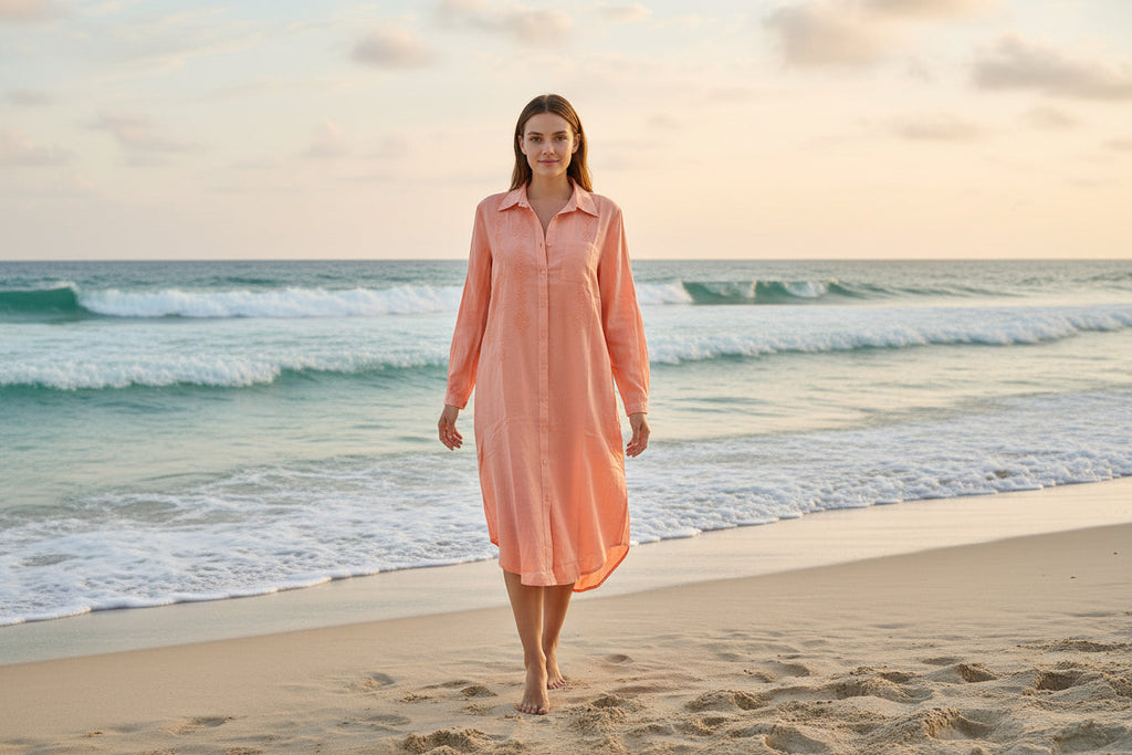 Peach cotton shirt dress with embroidery and button-down front – Glam Thread