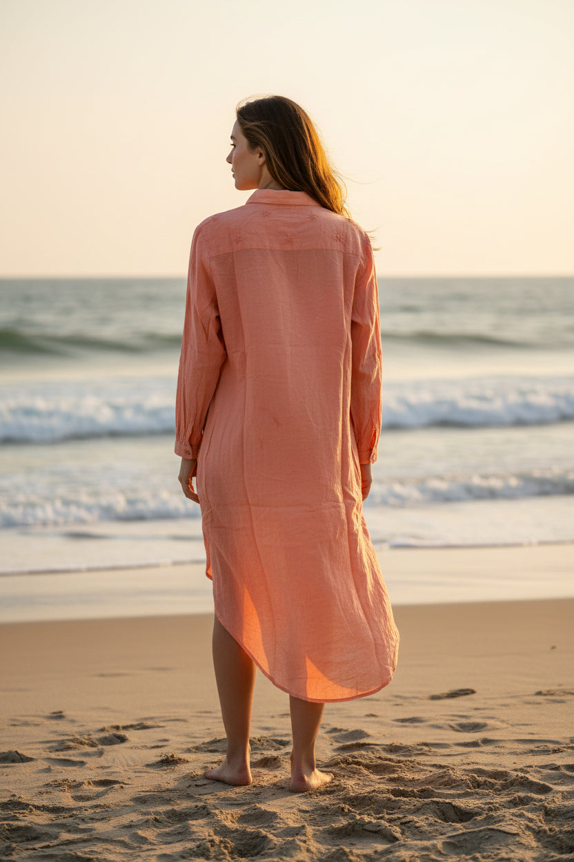 Sunrise peach embroidered cotton shirt dress for women, front view