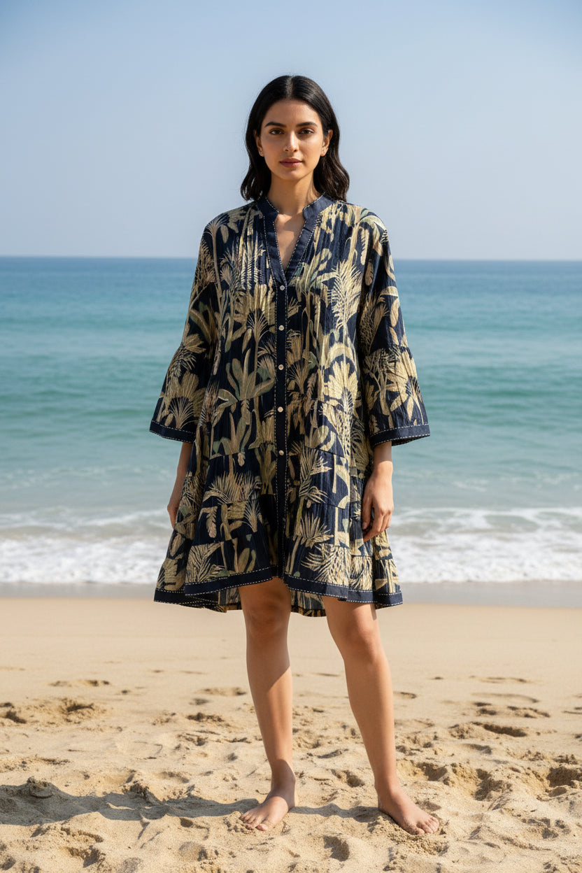 Tropical cotton mini shirt dress with tiered design for women