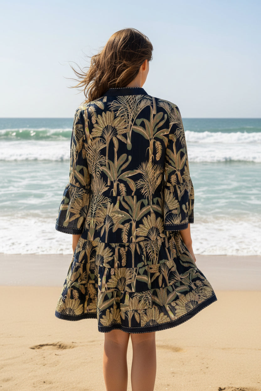 Palm Breeze tropical cotton mini dress, front view with button-down style
