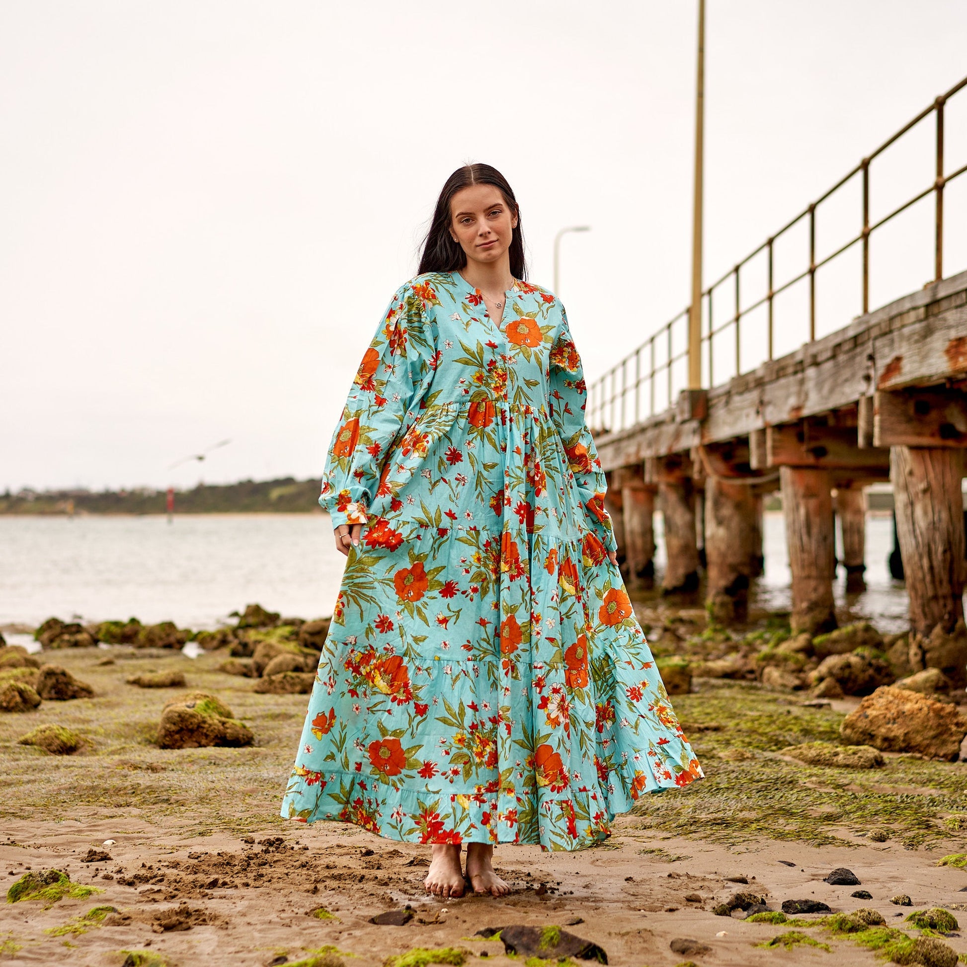 'Blue Florals' 100% Cotton Maxi Dress