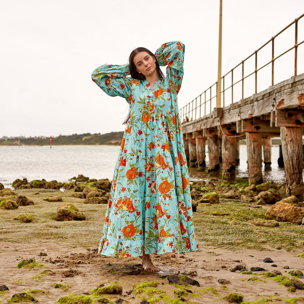 'Blue Florals' 100% Cotton Maxi Dress