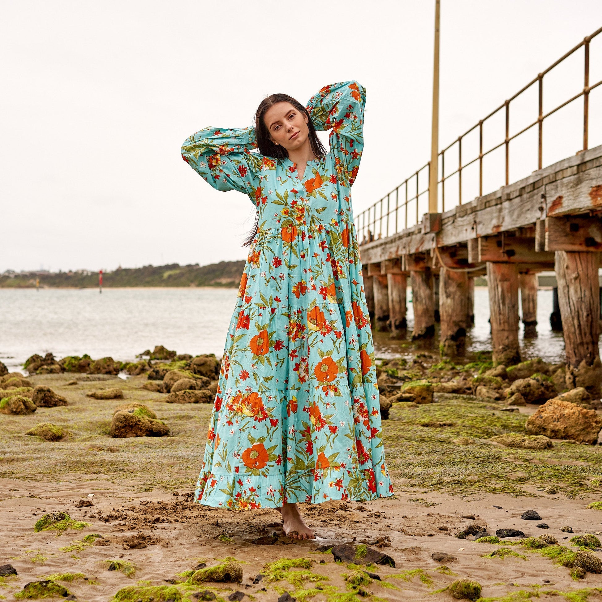 'Blue Florals' 100% Cotton Maxi Dress