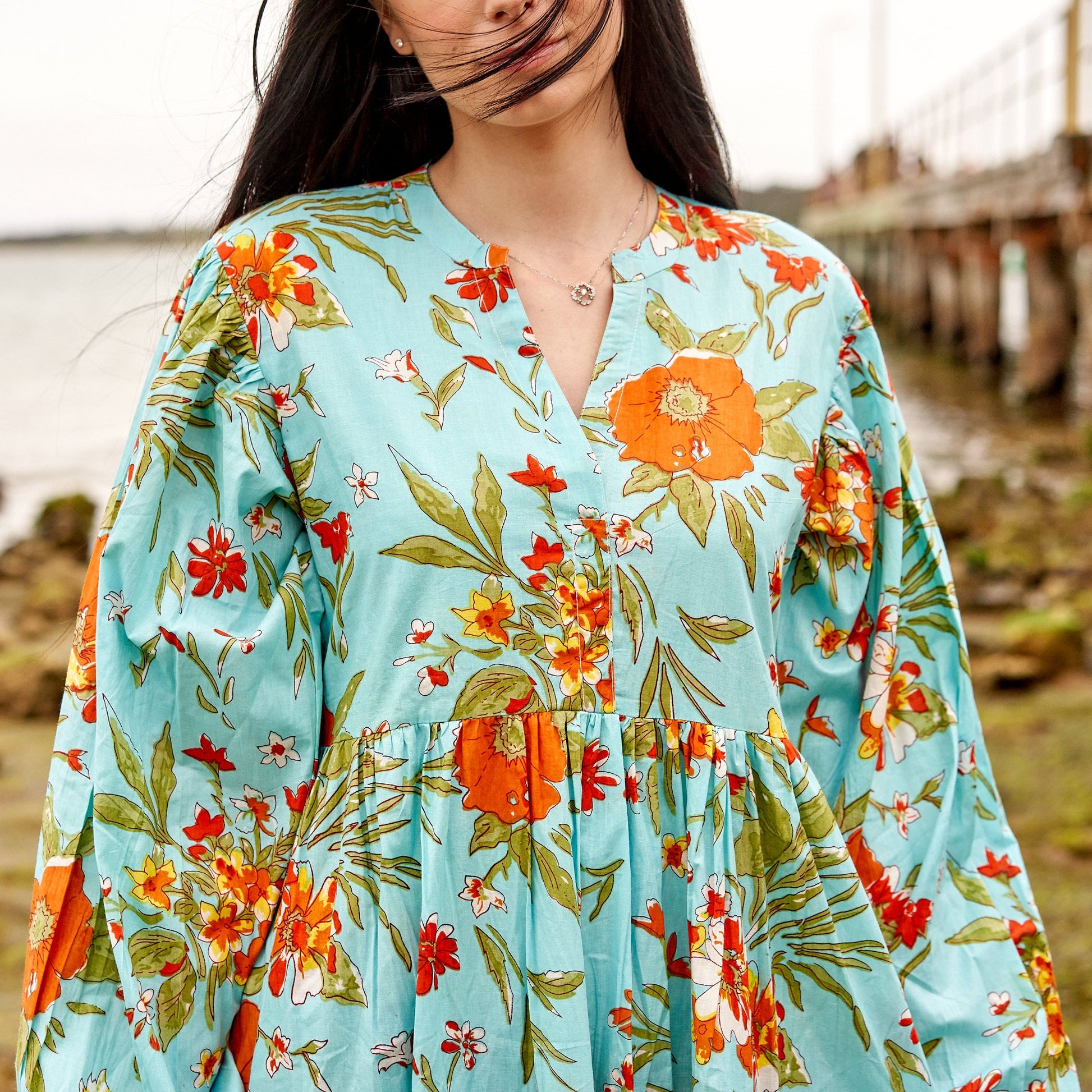 'Blue Florals' 100% Cotton Maxi Dress