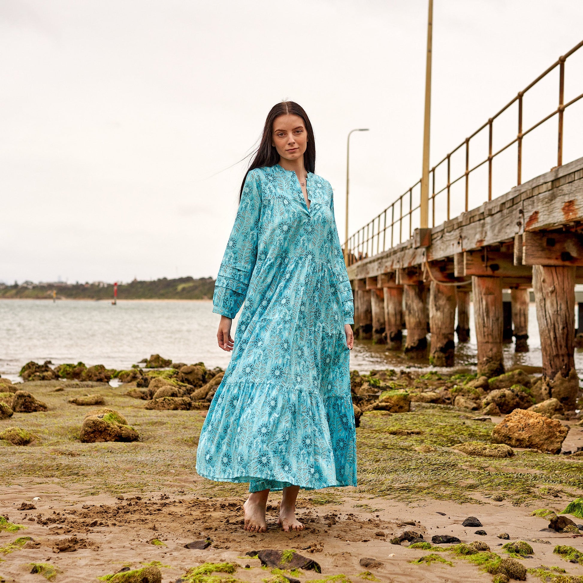 'Indigo Blooms' 100% Cotton Maxi Dress