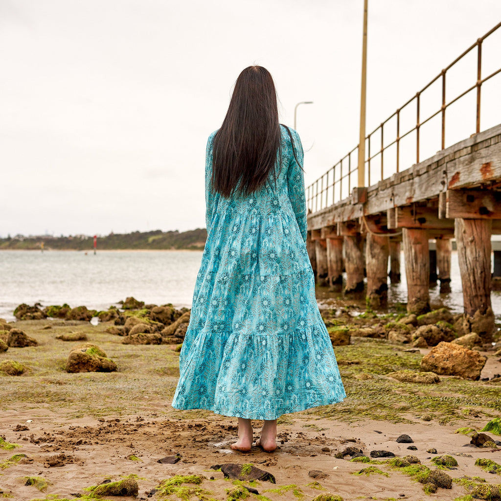 'Indigo Blooms' 100% Cotton Maxi Dress