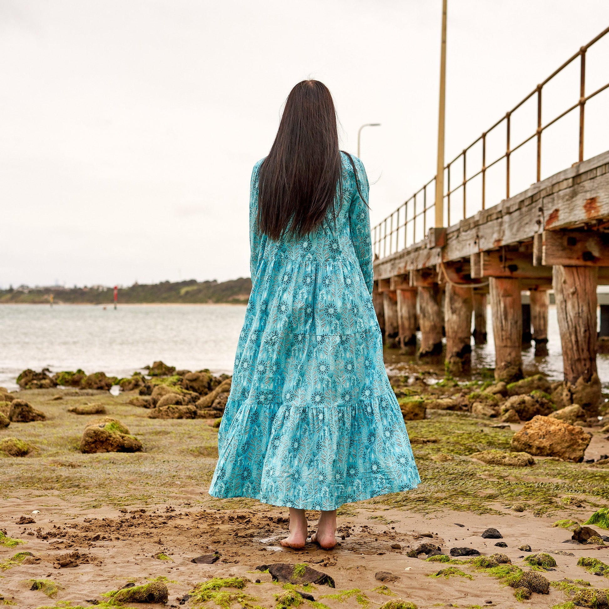 'Indigo Blooms' 100% Cotton Maxi Dress