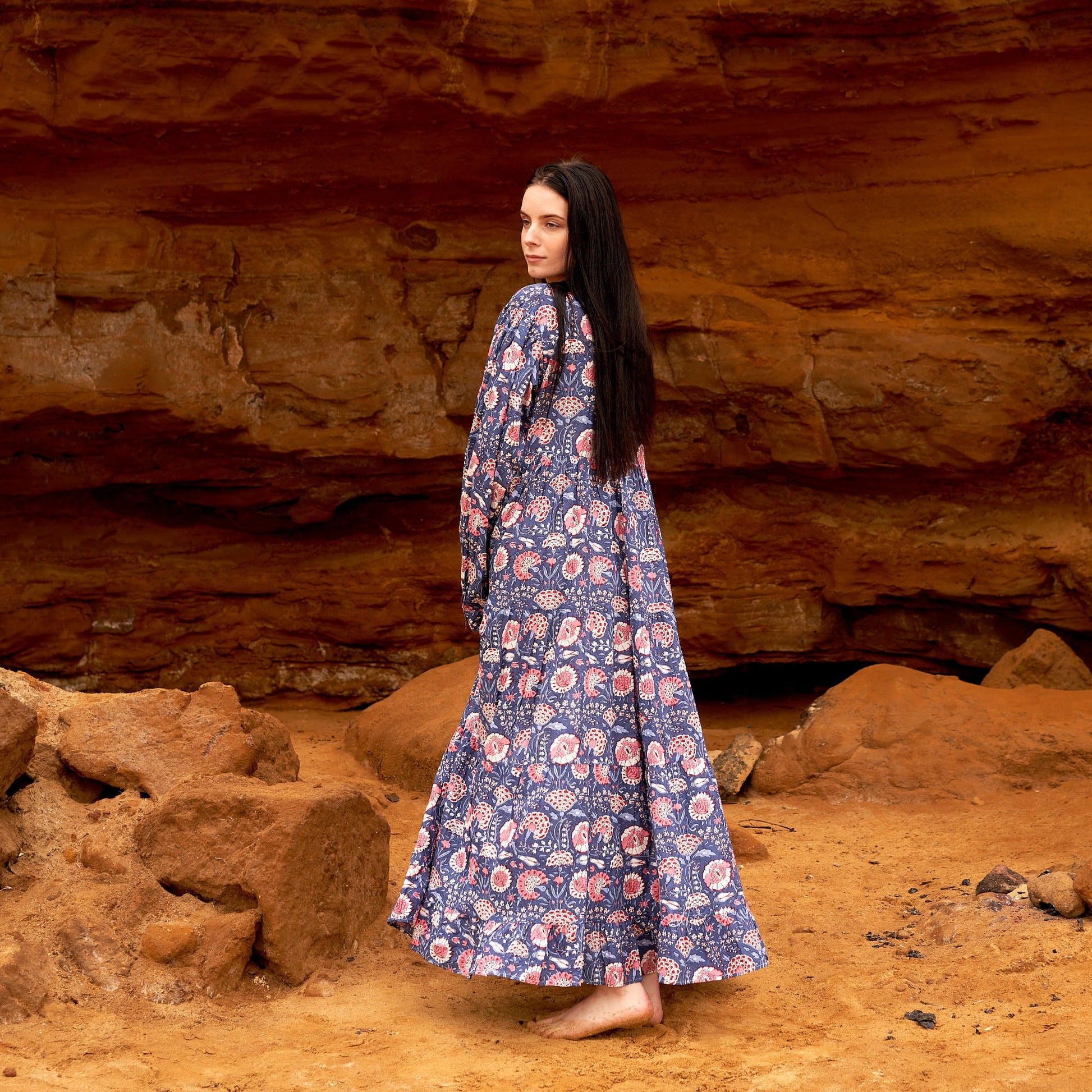 'Peach Blossoms in Blue' 100% Cotton Maxi Dress